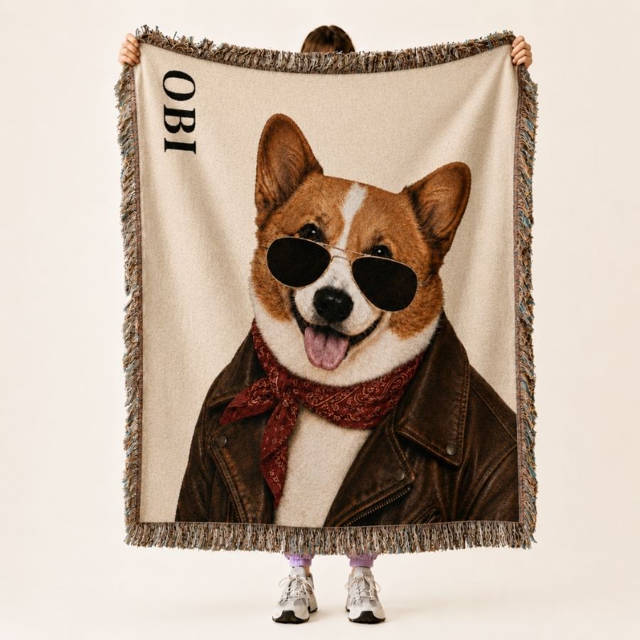 Person holding a blanket with a dog wearing sunglasses and a jacket design. characterized pet custom blanket