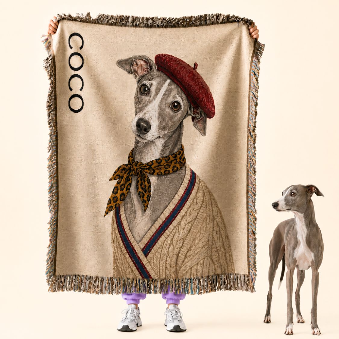 Blanket with a characterized dog illustration, Parisian dog style , held by a person, with a real dog standing next to it.