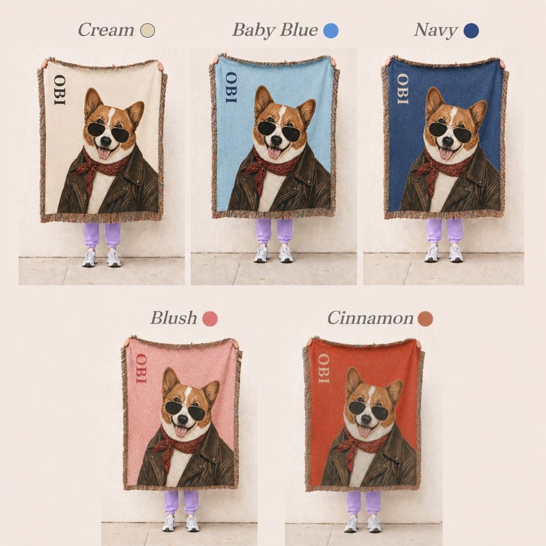 Collection of dog-themed blankets in different colors. characterized dog in cool biker style