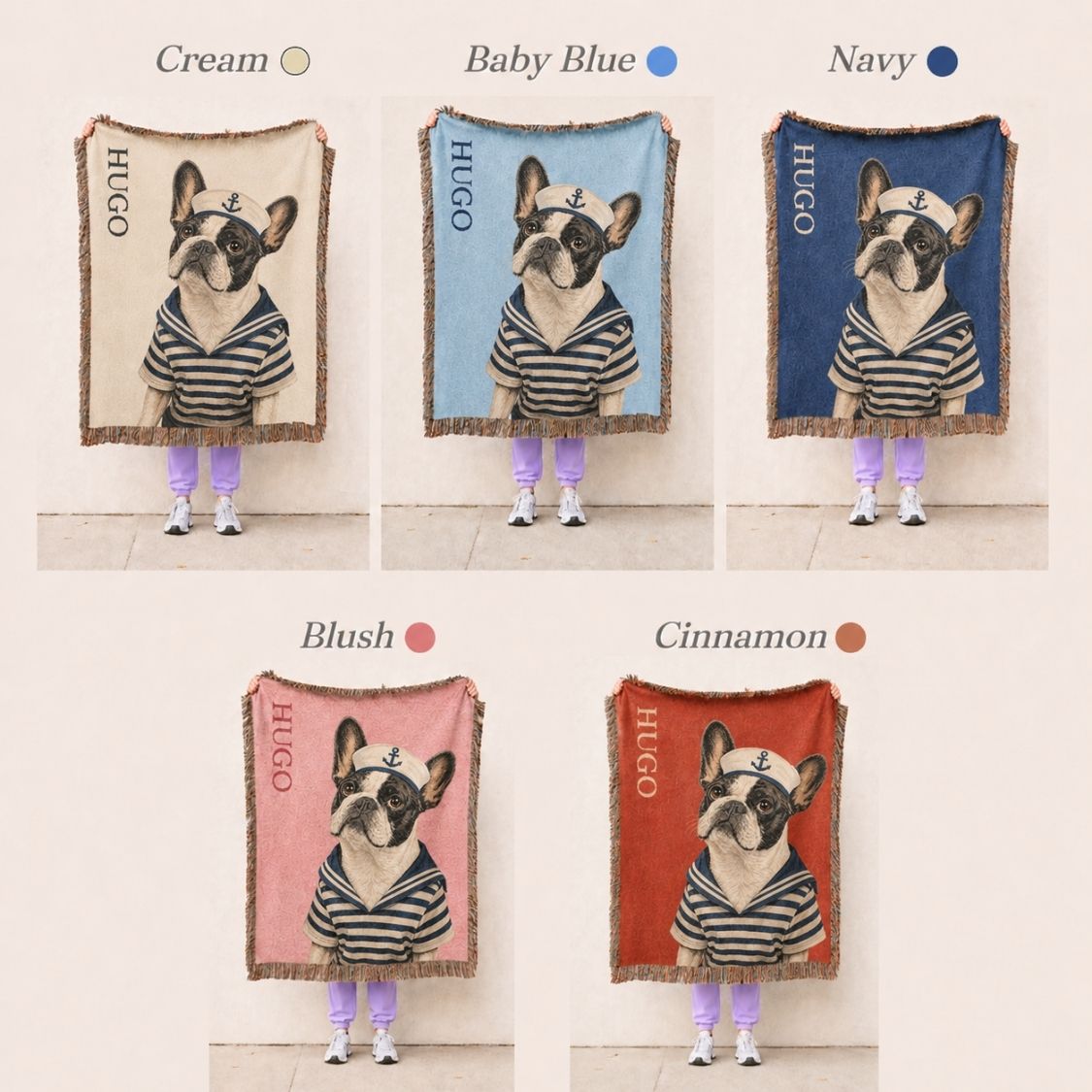 Collection of 'Hugo' themed blankets in different colors with a person wearing purple pants and white shoes. Sailor characterized pet theme