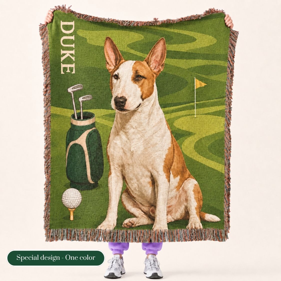Custom Pet Blanket Gift with a golf dog design featuring golf equipment 