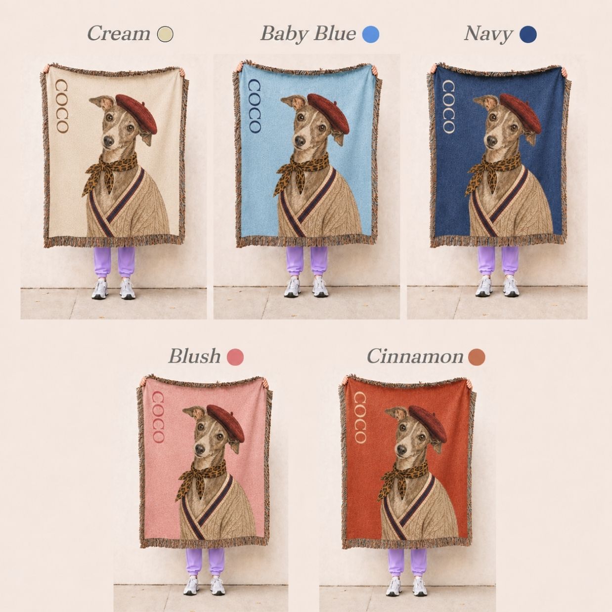 Five different color options of a blanket with a dog design, characterized pet art custom pet blanket 